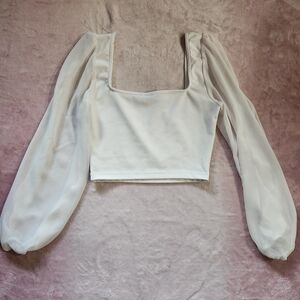 Windsor | Women's White Cropped Blouse With Sheer Sleeves | Small